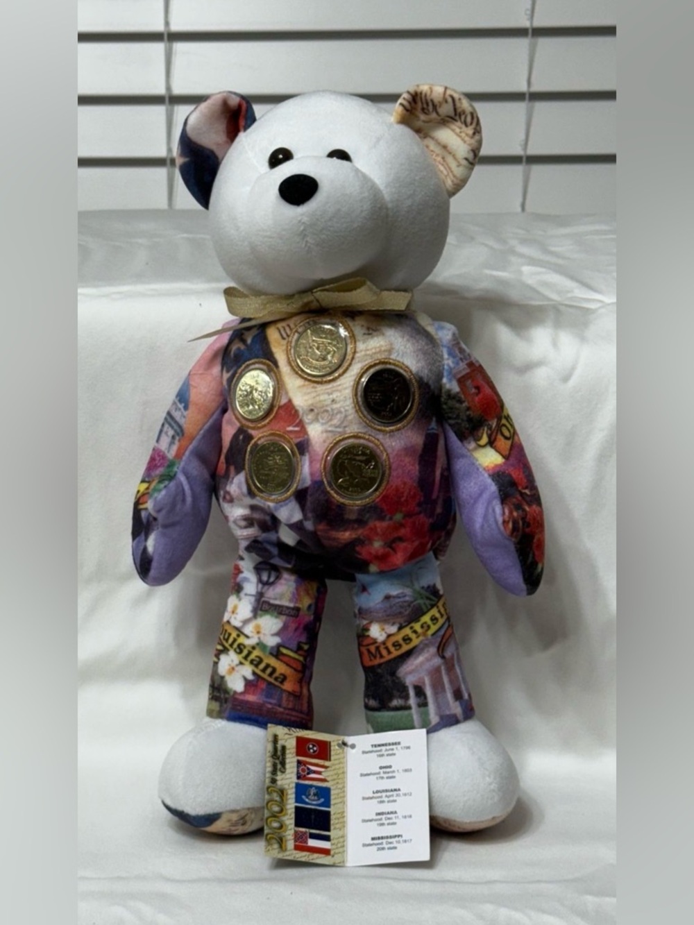 Souvenir State Quarter Bear Plush - White Head with Multi-Color Body